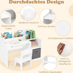 Schreibtisch- & Stuhlset für Kinder Schülertisch mit offenen Regalen Schublade & Stoffbehälter Weiß