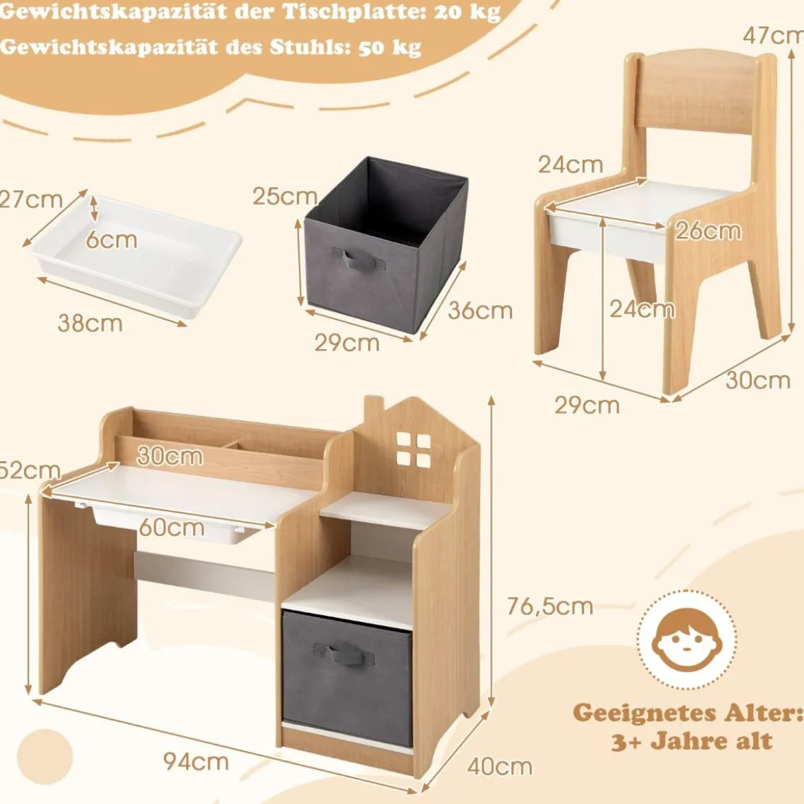 Schreibtisch- & Stuhlset für Kinder Schülertisch mit offenen Regalen Weiß + Natur