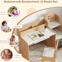 Schreibtisch- & Stuhlset für Kinder Schülertisch mit offenen Regalen Weiß + Natur