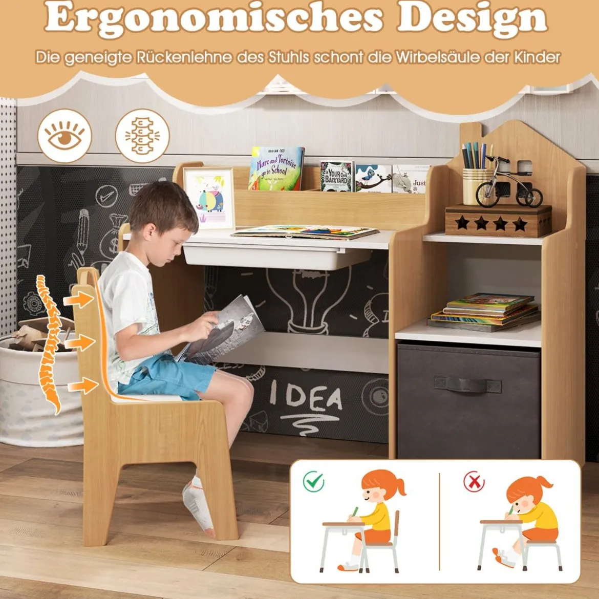 Schreibtisch- & Stuhlset für Kinder Schülertisch mit offenen Regalen Weiß + Natur