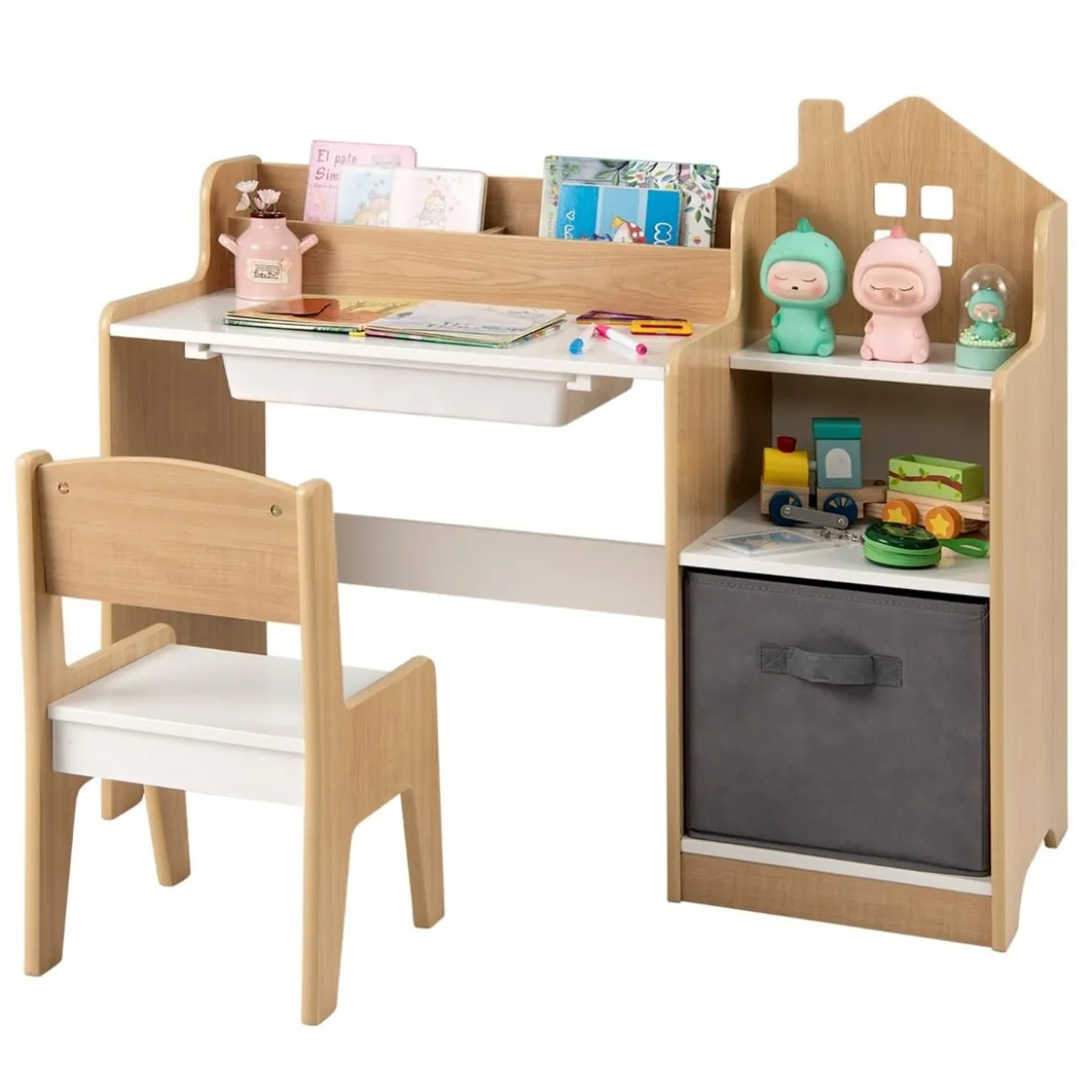 Schreibtisch- & Stuhlset für Kinder Schülertisch mit offenen Regalen Weiß + Natur