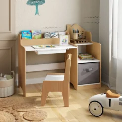Schreibtisch- & Stuhlset für Kinder Schülertisch mit offenen Regalen Weiß + Natur