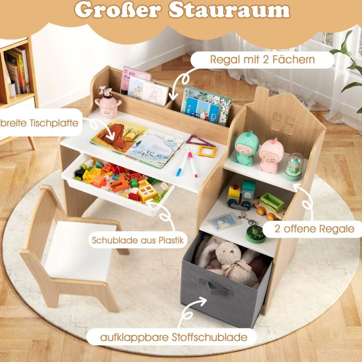 Schreibtisch- & Stuhlset für Kinder Schülertisch mit offenen Regalen Weiß + Natur