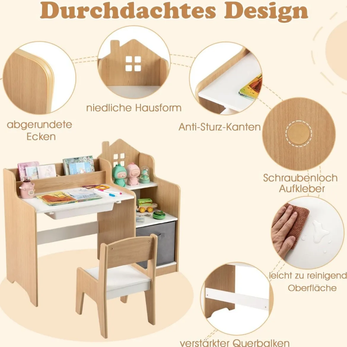 Schreibtisch- & Stuhlset für Kinder Schülertisch mit offenen Regalen Weiß + Natur