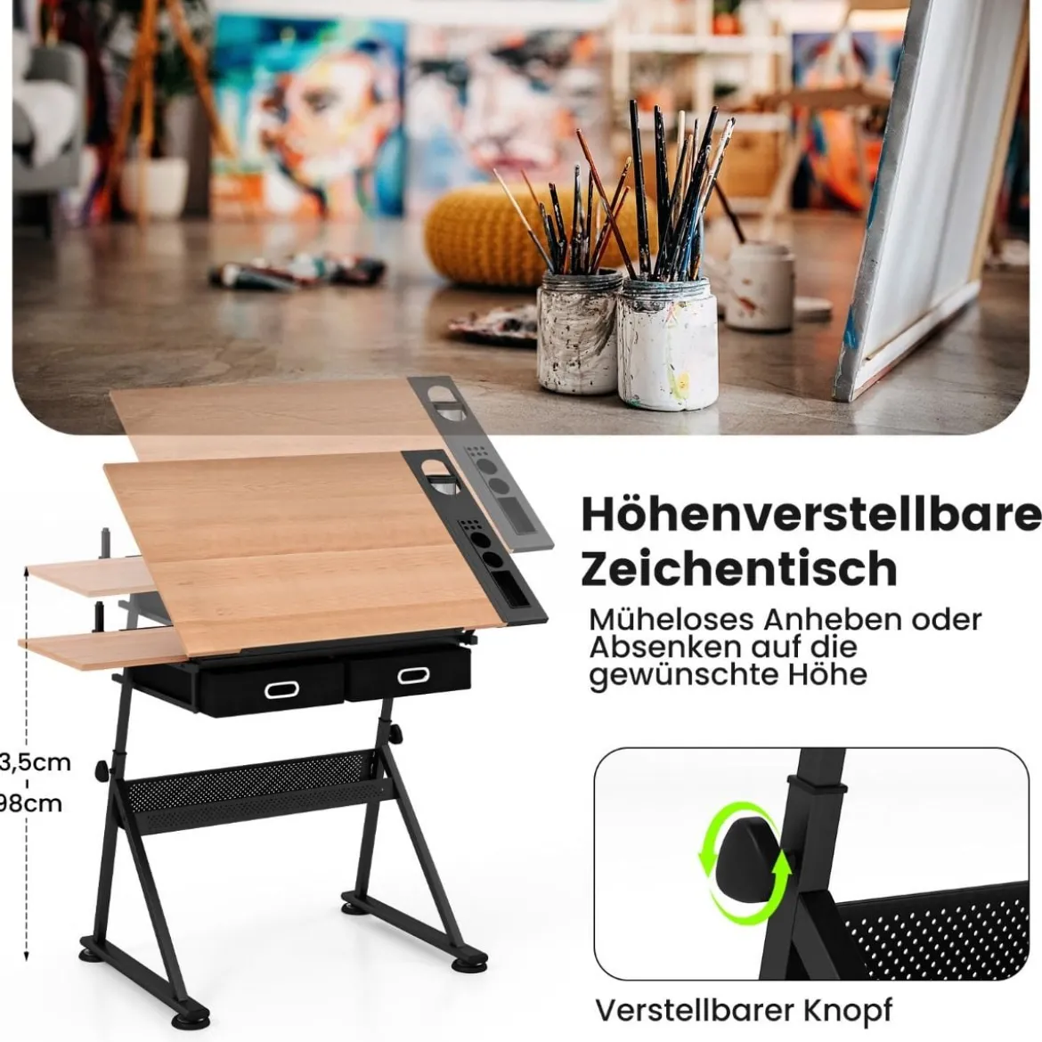 Schreibtisch Zeichentisch Architektentisch Maltisch neigbar + Schubladen/Hocker