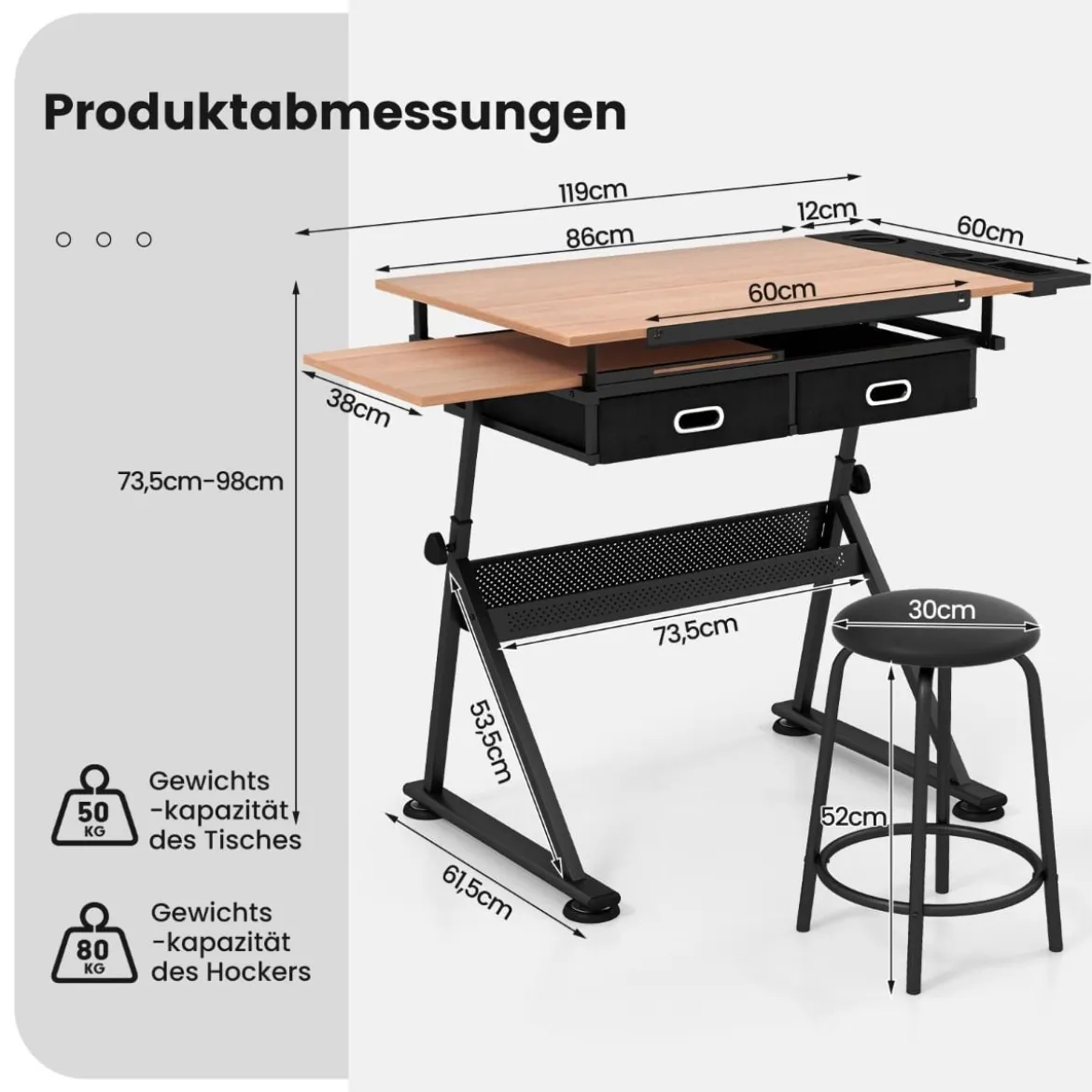 Schreibtisch Zeichentisch Architektentisch Maltisch neigbar + Schubladen/Hocker