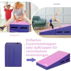 Schräge Gymnastikmatte faltbare keilförmige Gymnastik-Käsematte Sportmatte mit Griffen Rosa Lila