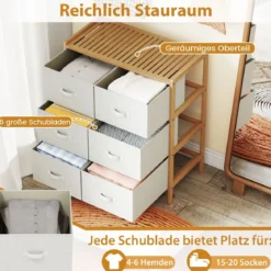 6-Schubladen Kommode Bambus Aufbewahrungsturm mit 6 faltbaren Stoffschubladen & oberem Regal Natur
