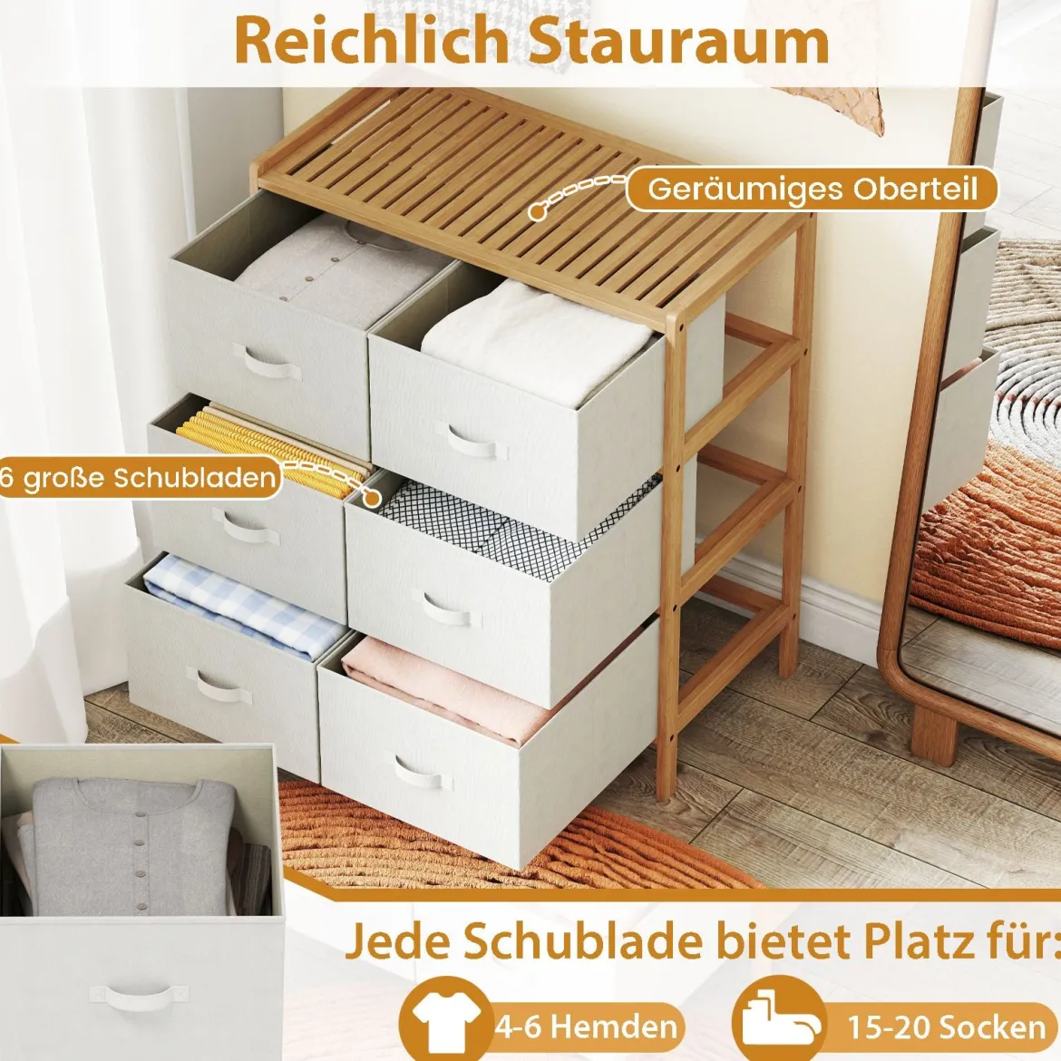 6-Schubladen Kommode Bambus Aufbewahrungsturm mit 6 faltbaren Stoffschubladen & oberem Regal Natur
