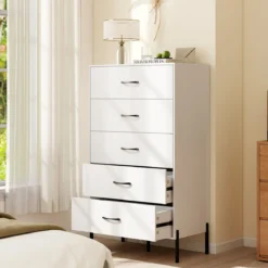 5-Schubladen-Kommode moderner hoher Schubladenschrank mit Metallbeinen Weiß