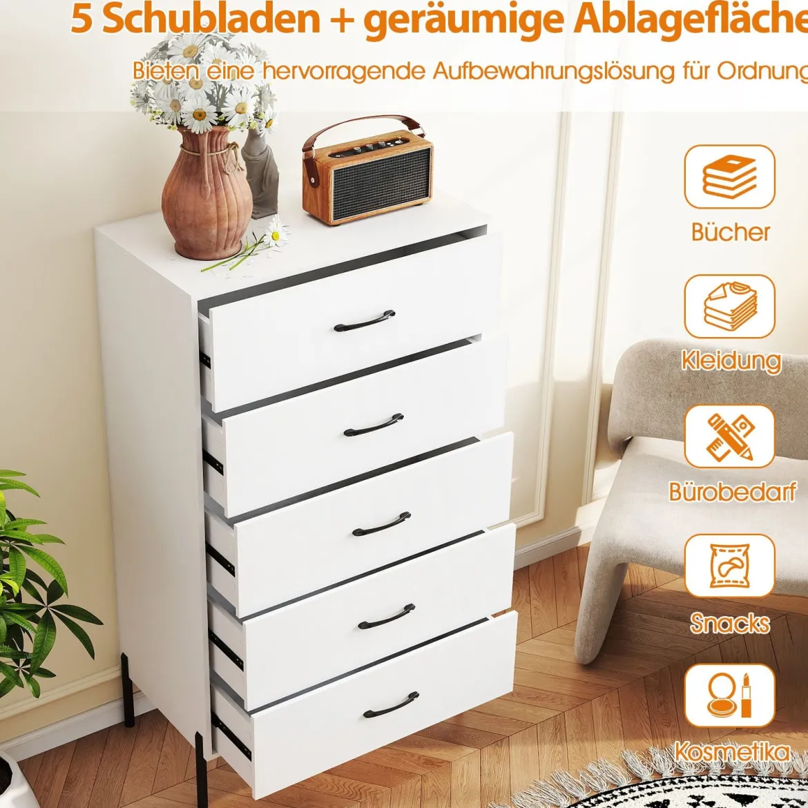 5-Schubladen-Kommode moderner hoher Schubladenschrank mit Metallbeinen Weiß