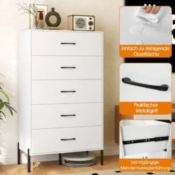 5-Schubladen-Kommode moderner hoher Schubladenschrank mit Metallbeinen Weiß