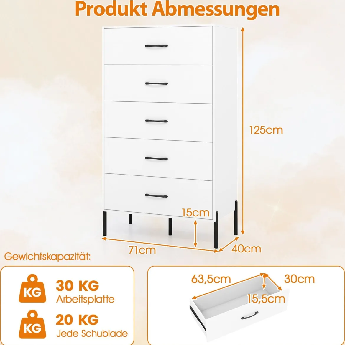 5-Schubladen-Kommode moderner hoher Schubladenschrank mit Metallbeinen Weiß