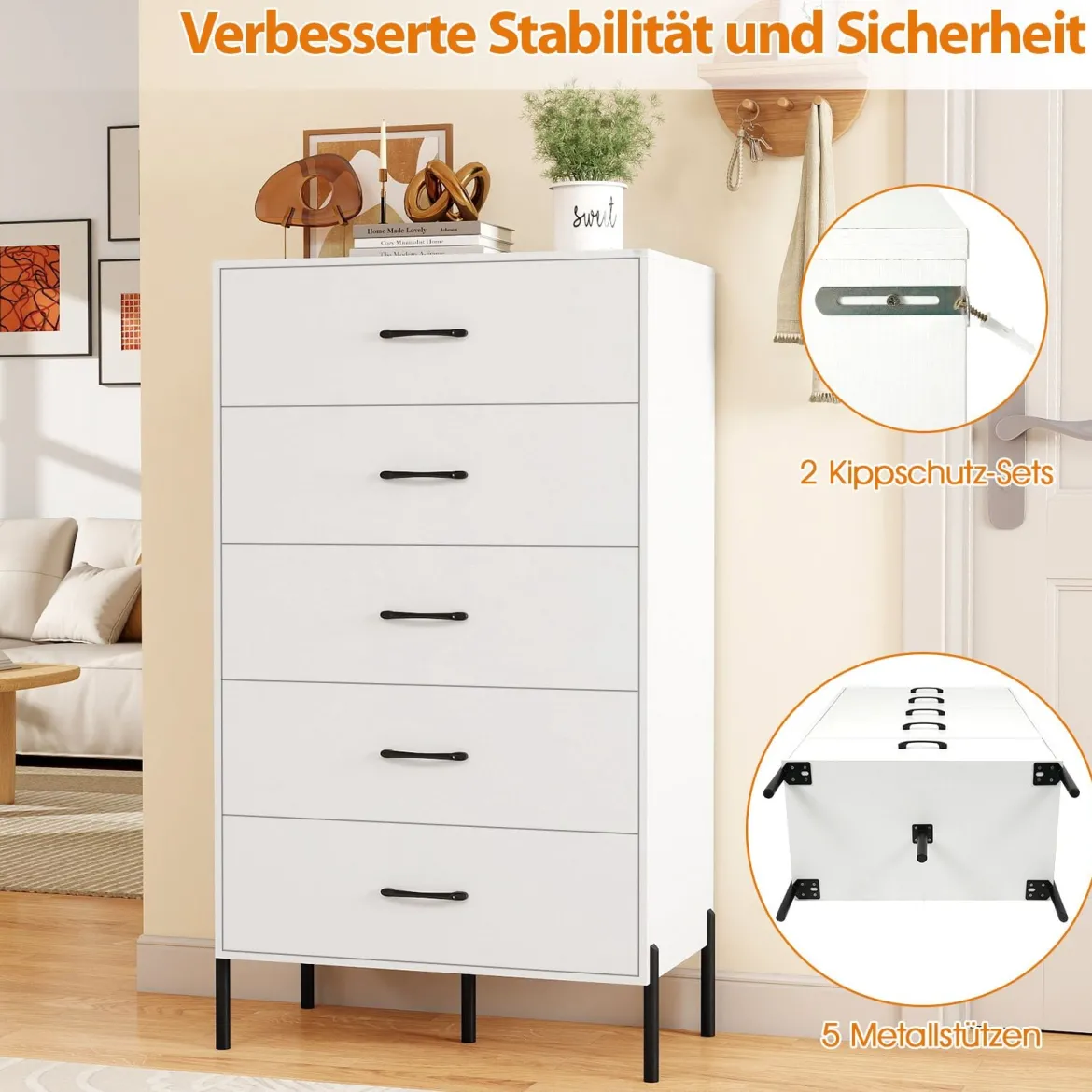 5-Schubladen-Kommode moderner hoher Schubladenschrank mit Metallbeinen Weiß
