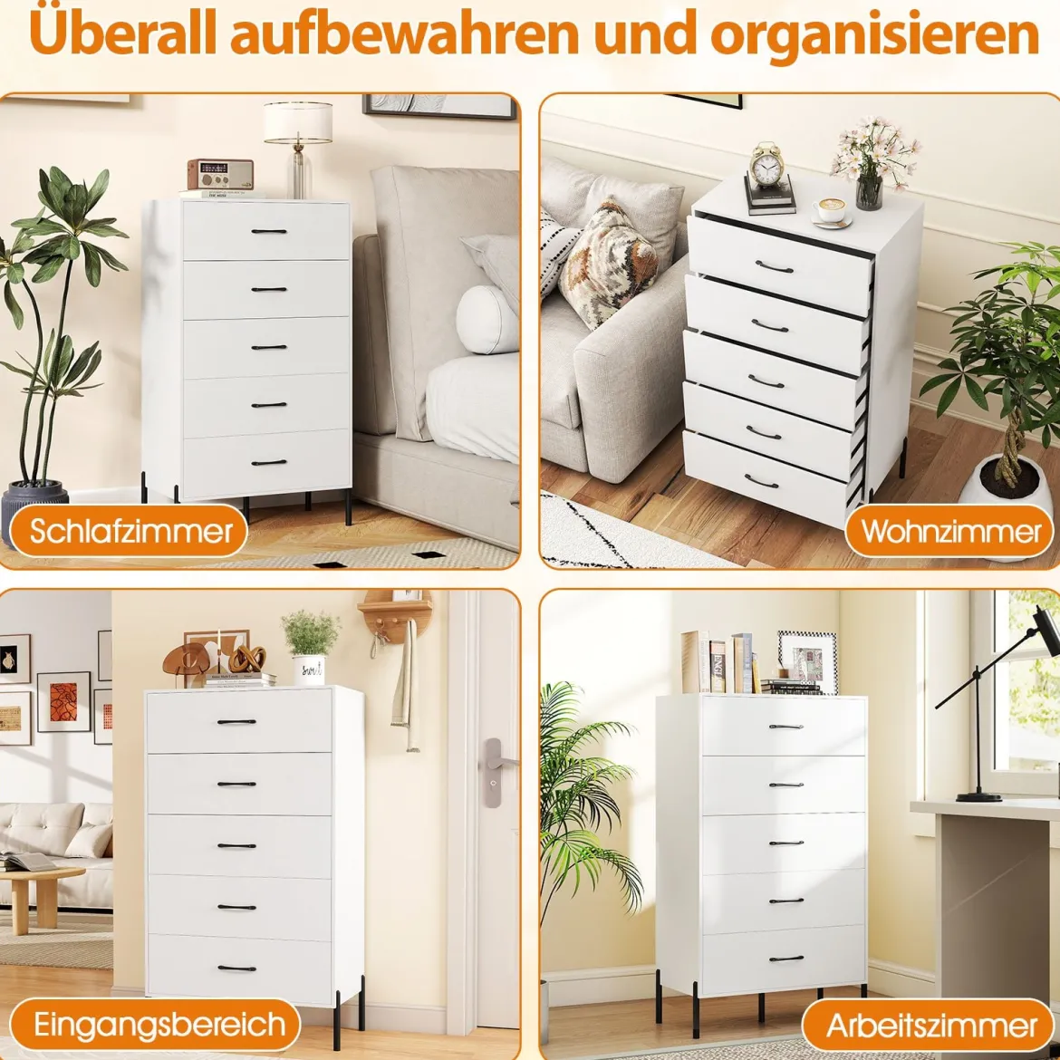 5-Schubladen-Kommode moderner hoher Schubladenschrank mit Metallbeinen Weiß
