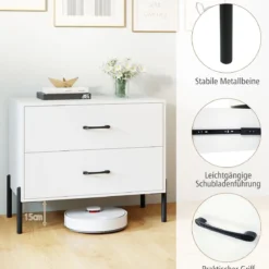2-Schubladen-Kommode moderner Nachttisch aus Holz mit Metallbeinen & Griffen kompakter Beistelltisch Weiß