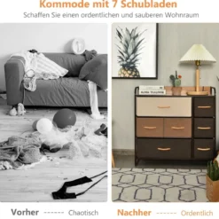 Schubladenschrank mit 7 Stoffschubladen & Stahlrahmen & Holzoberfläche Kommode