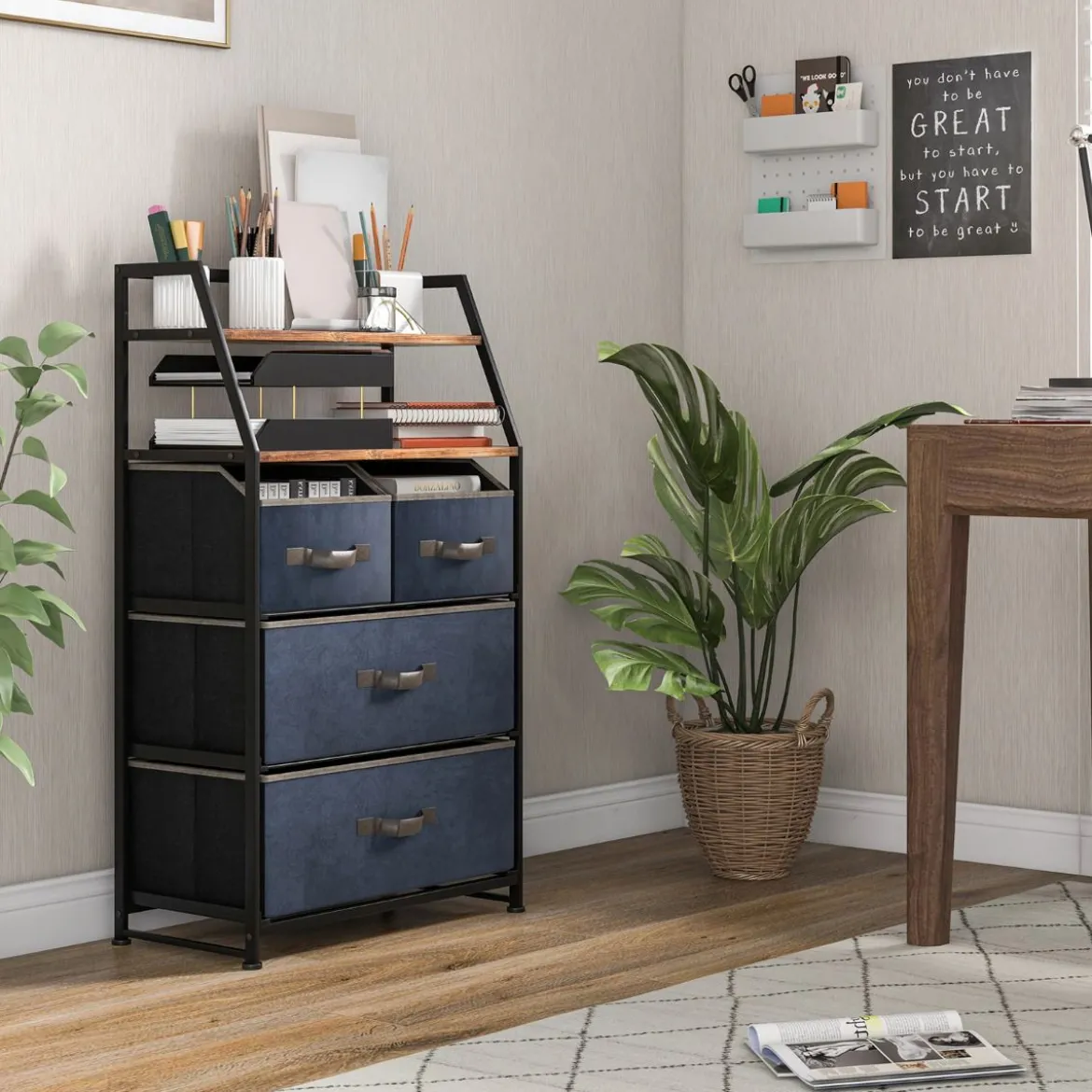 4 Schubladen Sideboard mit Stoffschubladen Stoffkommode 58 x 29 x 100 cm