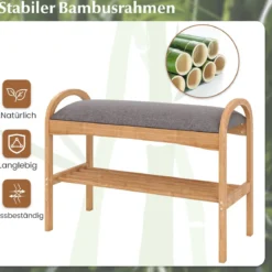 Schuhbank aus Bambus 2-stufiges Schuhregal mit gepolstertem Sitzkissen & Regal 70 x 31,5 x 51 cm Natur & Grau