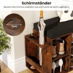 Schuhbank mit Schirmhalter mit Gepolsterter Sitzfläche & Abnehmbare Regalböden Rustikales Braun