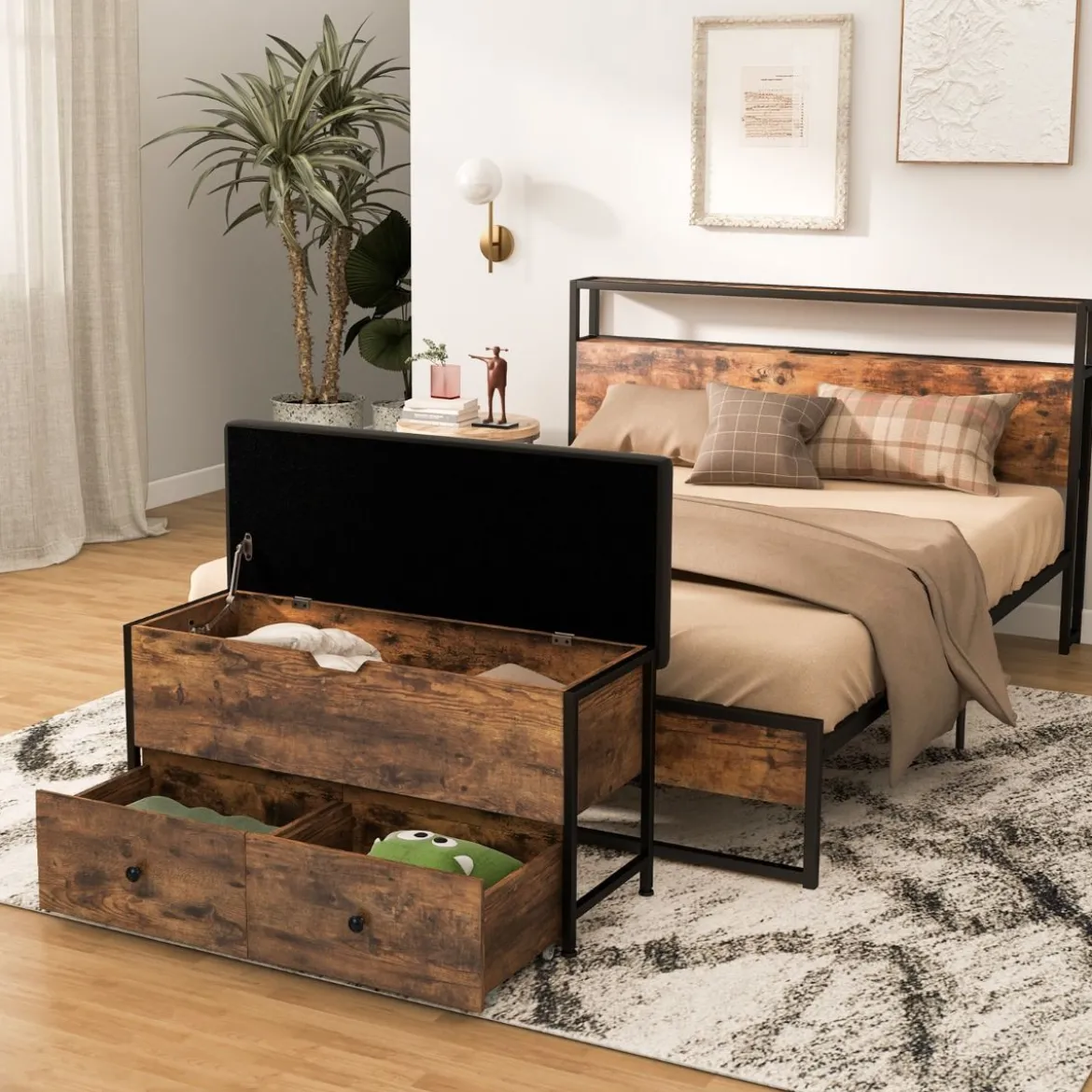 Schuhbank mit Sitzfäche & 2 Schubladen & Schutzhüllen & Verstellbarer Fußstützen & Rollen