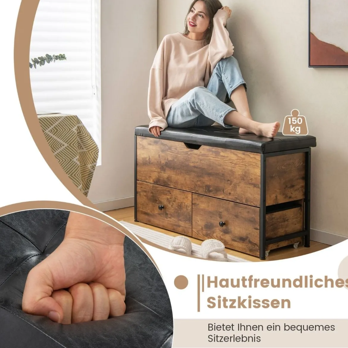 Schuhbank mit Sitzfäche & 2 Schubladen & Schutzhüllen & Verstellbarer Fußstützen & Rollen