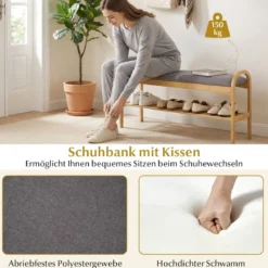Schuhbank mit Sitzfläche Sitzbank mit 2 Ebenen Gepolstertem Kissen & Bambusrahmen Schuhschrank