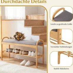 Schuhbank mit Sitzfläche Sitzbank mit 2 Ebenen Gepolstertem Kissen & Bambusrahmen Schuhschrank