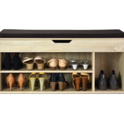 Schuhbank Schuhkommode Schuhablage mit Sitzkissen Holz 104 x 48 x 30 cm Weiß/Natur/Grau