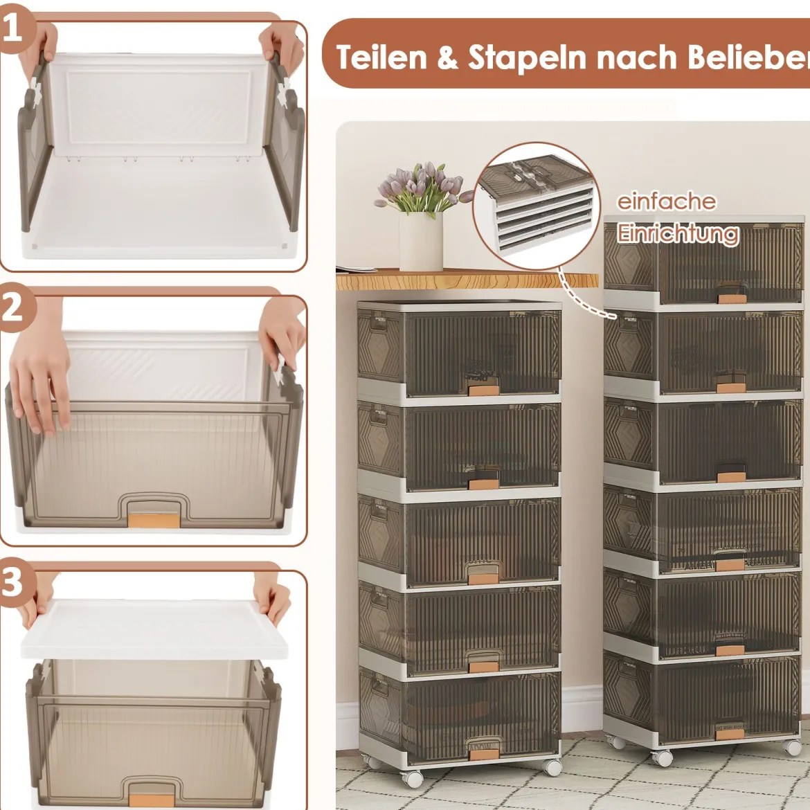Schuhboxen mit Rollen Schuhkarton stapelbar transparent Schuh-Organizer aus KunststoffSchuhaufbewahrung für Stöckelschuhe 6 Ebenen