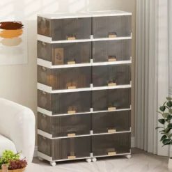 Schuhboxen mit Rollen Schuhkarton stapelbar transparent Schuh-Organizer aus KunststoffSchuhaufbewahrung für Stöckelschuhe 6 Ebenen
