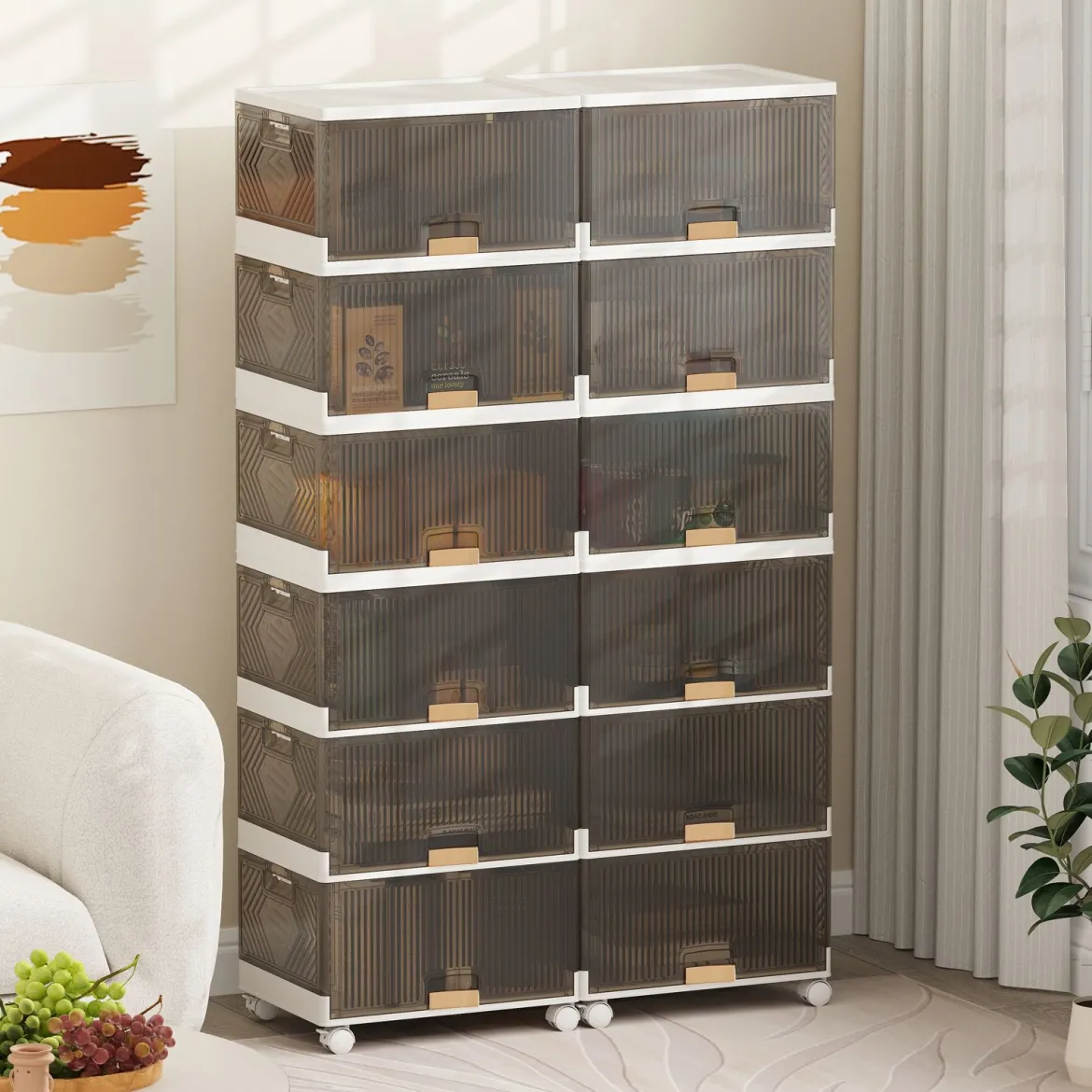 Schuhboxen mit Rollen Schuhkarton stapelbar transparent Schuh-Organizer aus KunststoffSchuhaufbewahrung für Stöckelschuhe 6 Ebenen