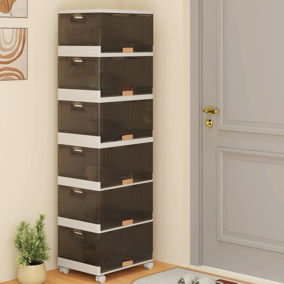 Schuhboxen mit Rollen Schuhkarton stapelbar transparent Schuh-Organizer aus KunststoffSchuhaufbewahrung für Stöckelschuhe 6 Ebenen