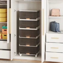Schuhboxen mit Rollen Schuhkarton stapelbar transparent Schuh-Organizer aus Kunststoff Schuhaufbewahrung für Stöckelschuhe 5 Ebenen