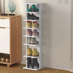 Schuhregal aus Holz Schuhständer 8-stöckig Schuh-Organizer vertikal Lagerregal Weiß