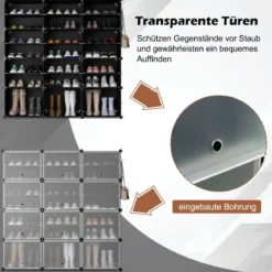 Schuhregal aus Kunststoff mit 12 Fächern & Seitlichen Haken Erweiterbar für Stiefel Schuhschrank