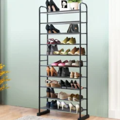 Schuhregal mit 10 Ebenen & Abnehmbarem Regal & Metallrahmen Platzsparende Schuhablage Schwarz