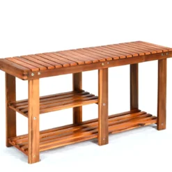 Schuhregal mit Sitzbank & 2 Ablagen Schuhschrank aus Holz Schuhständer 87 x 28 x 45 cm