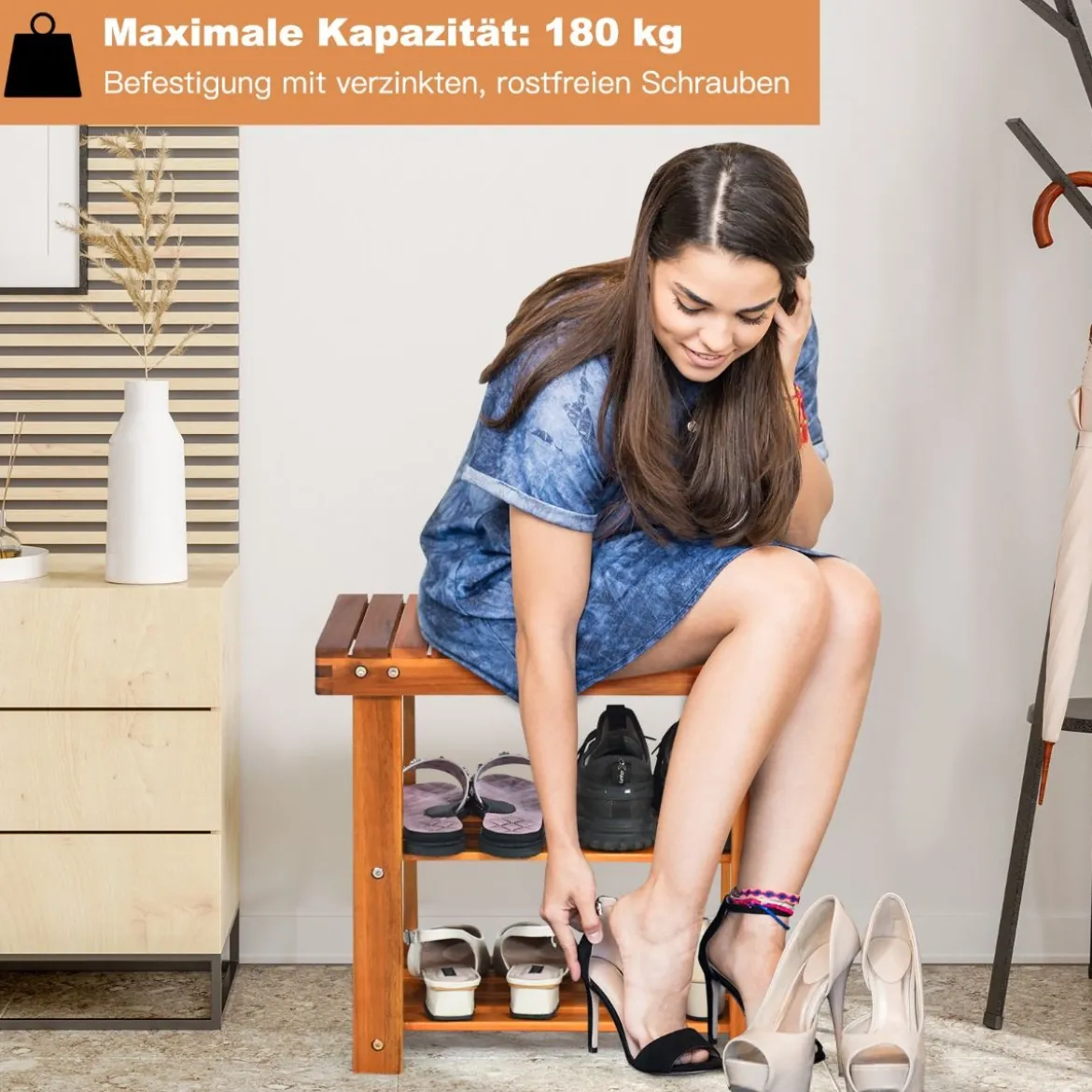 Schuhregal mit Sitzbank & 2 Ablagen Schuhschrank aus Holz Schuhständer 50 x 28 x 45 cm