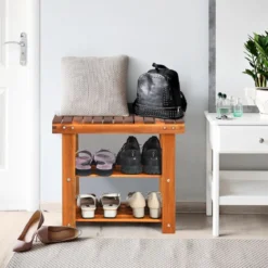 Schuhregal mit Sitzbank & 2 Ablagen Schuhschrank aus Holz Schuhständer 50 x 28 x 45 cm