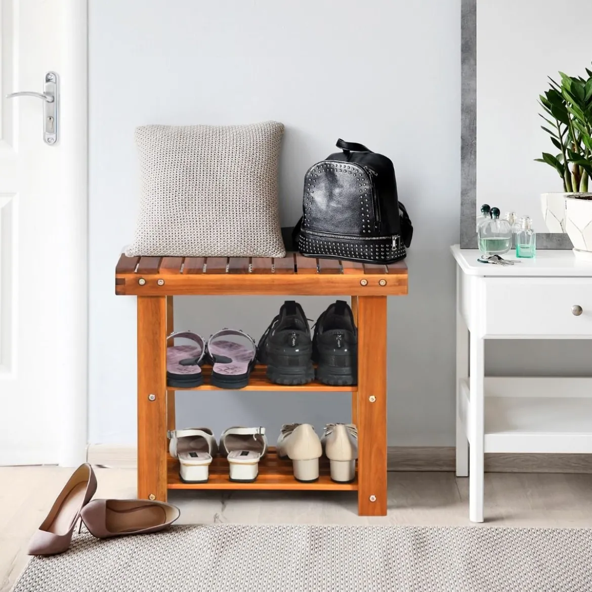 Schuhregal mit Sitzbank & 2 Ablagen Schuhschrank aus Holz Schuhständer 50 x 28 x 45 cm