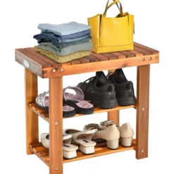 Schuhregal mit Sitzbank & 2 Ablagen Schuhschrank aus Holz Schuhständer 50 x 28 x 45 cm