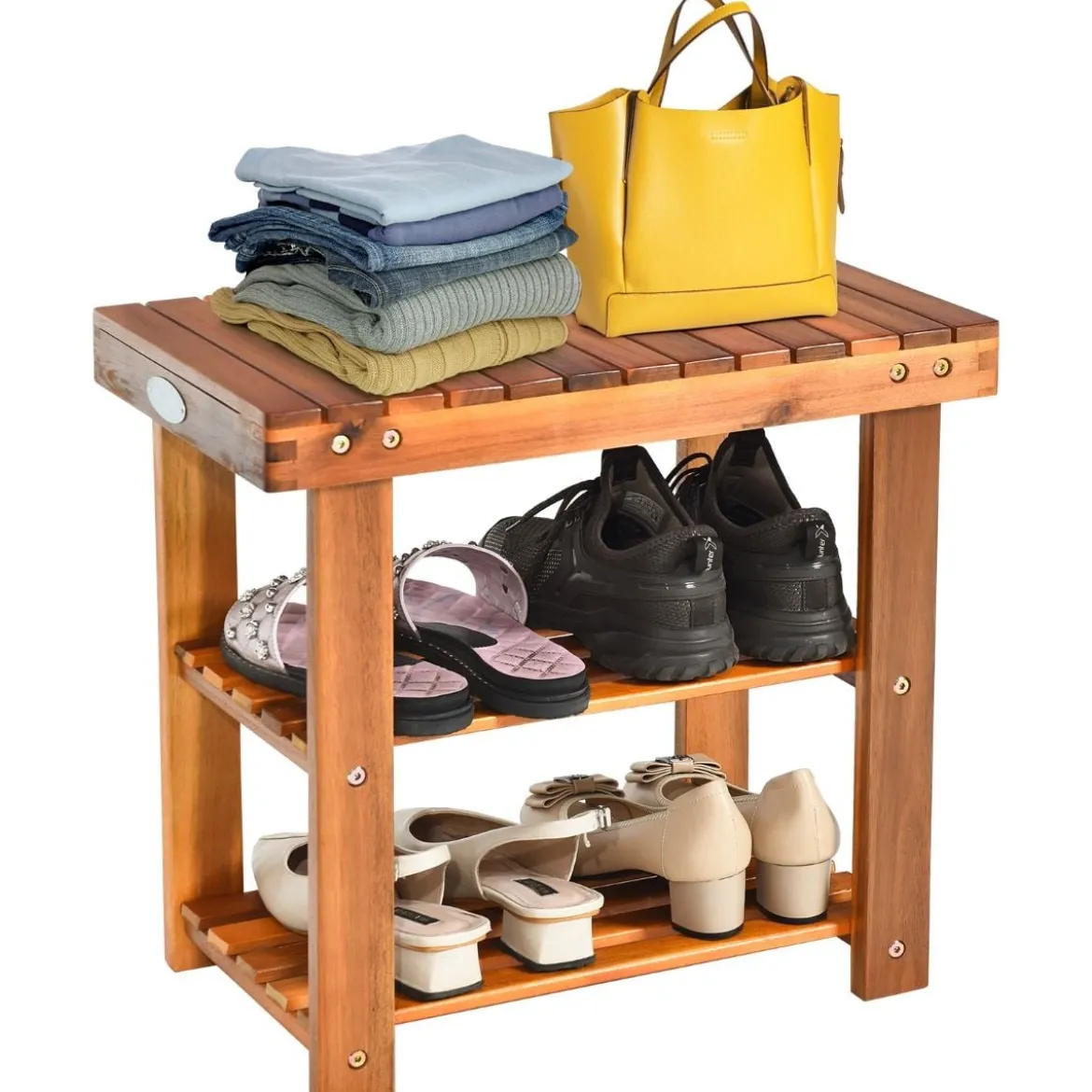 Schuhregal mit Sitzbank & 2 Ablagen Schuhschrank aus Holz Schuhständer 50 x 28 x 45 cm