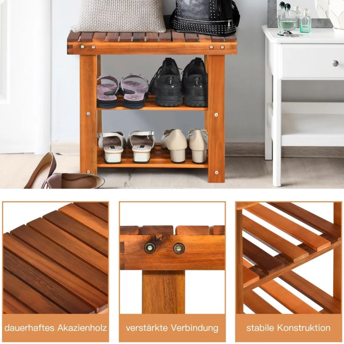 Schuhregal mit Sitzbank & 2 Ablagen Schuhschrank aus Holz Schuhständer 50 x 28 x 45 cm