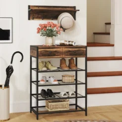 Schuhregal & Wandgarderobe Kombi-Set mit Haken & Schubladen & Schwebendem Regal
