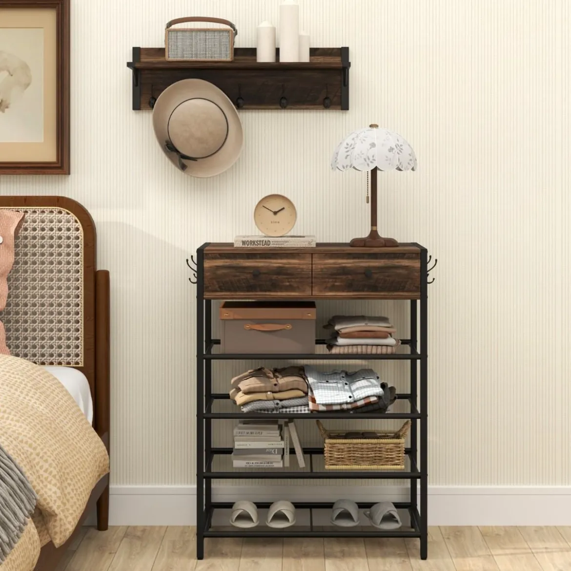 Schuhregal & Wandgarderobe Kombi-Set mit Haken & Schubladen & Schwebendem Regal