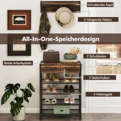 Schuhregal & Wandgarderobe Kombi-Set mit Haken & Schubladen & Schwebendem Regal