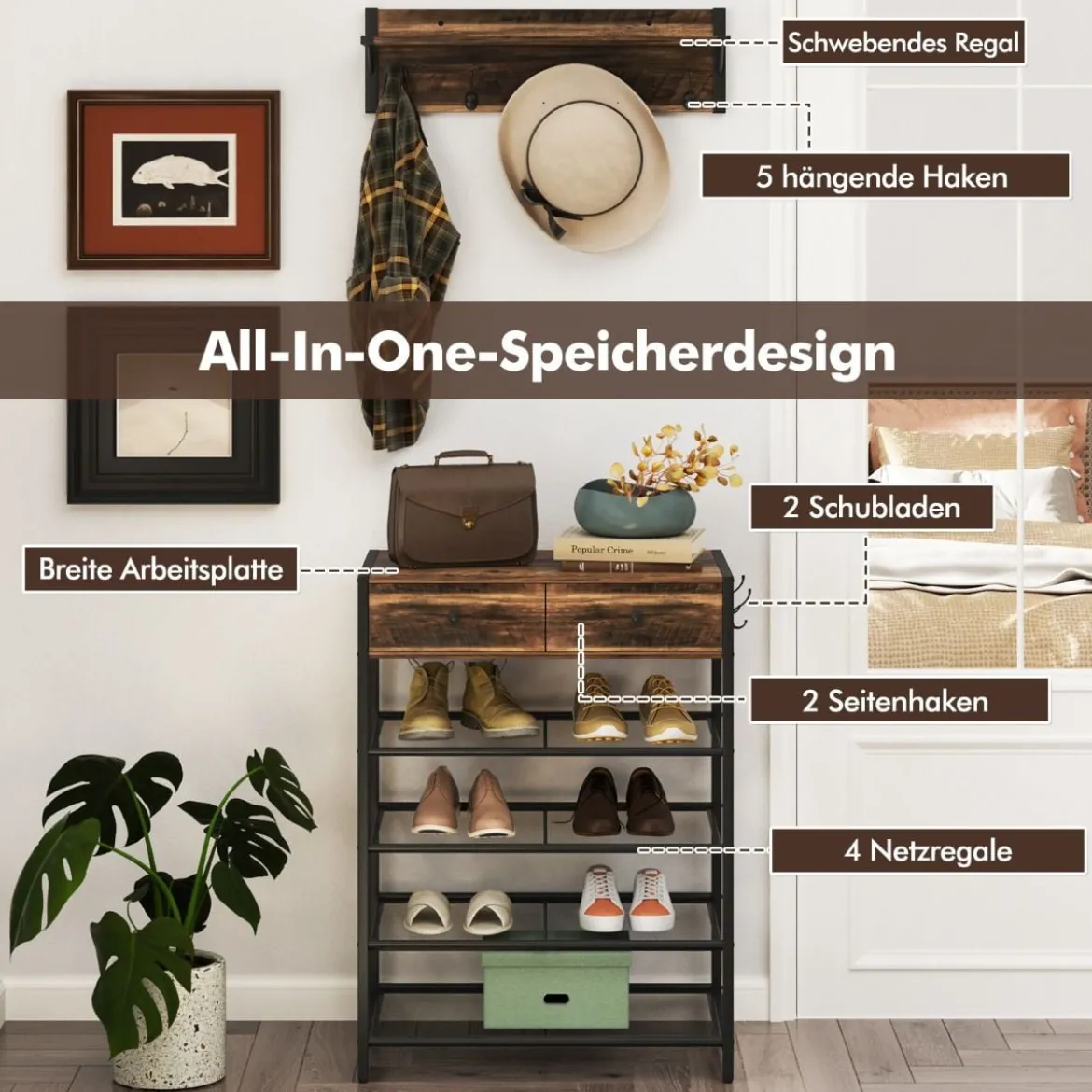 Schuhregal & Wandgarderobe Kombi-Set mit Haken & Schubladen & Schwebendem Regal