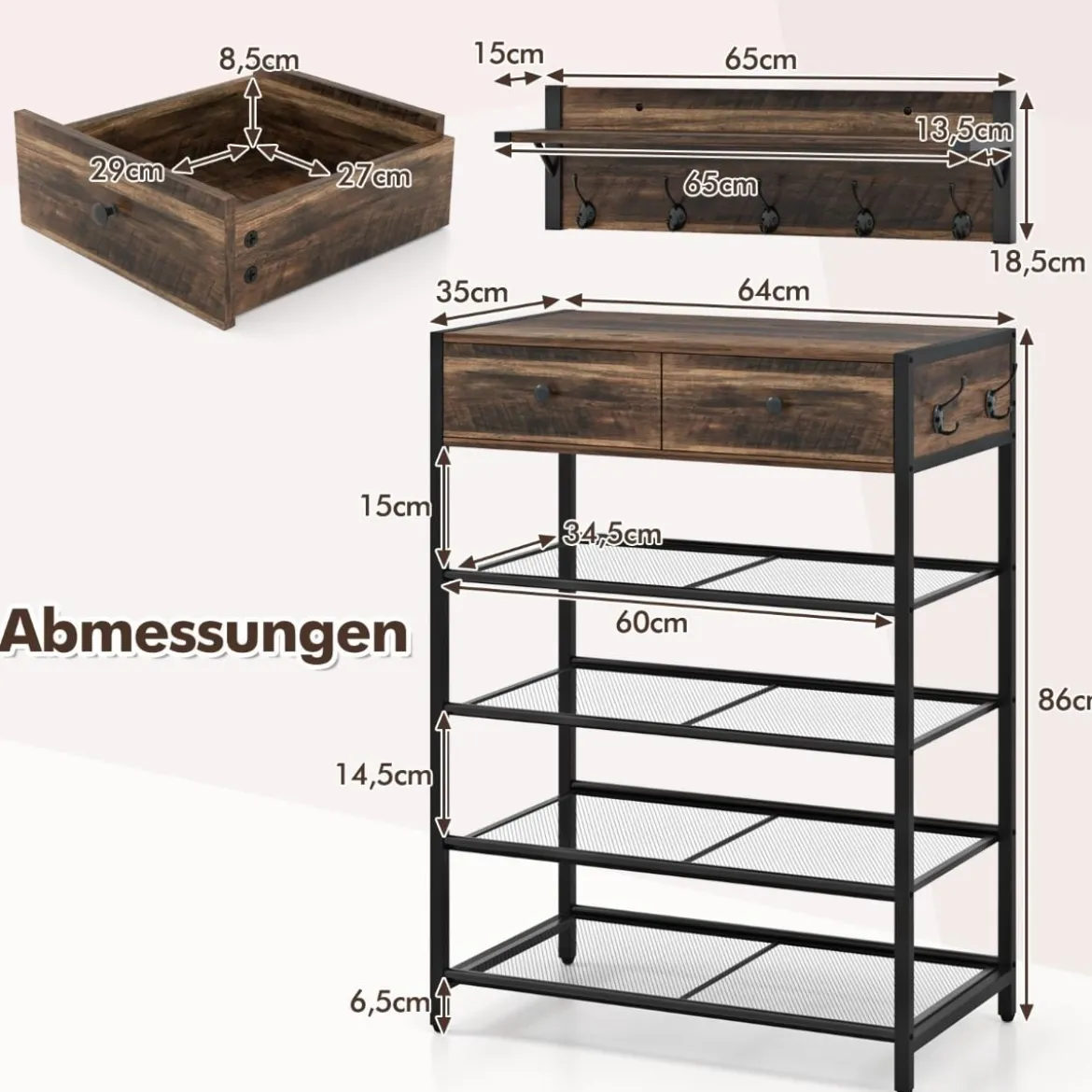 Schuhregal & Wandgarderobe Kombi-Set mit Haken & Schubladen & Schwebendem Regal