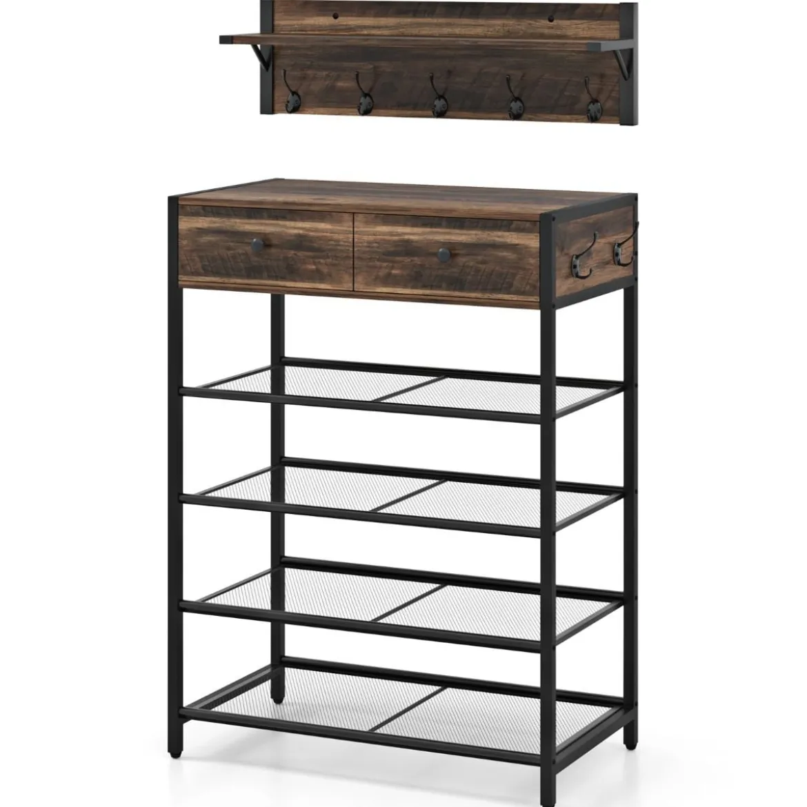 Schuhregal & Wandgarderobe Kombi-Set mit Haken & Schubladen & Schwebendem Regal